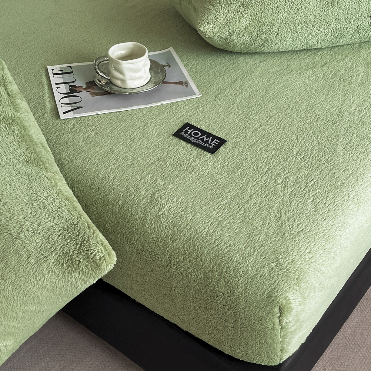 91家纺网 家纺一手货源 找家纺 欧邦 2025新款舒棉半边绒床笠 床笠款-果酱绿