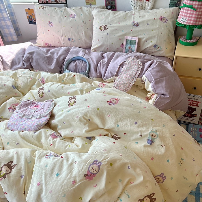 91家纺网 家纺一手货源 找家纺 原素 2025学生季专属双拼印花水洗棉双层纱四件套 啦啦咘咘