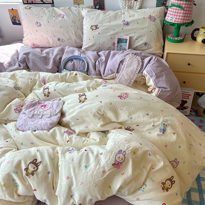 91家纺网 家纺一手货源 找家纺 原素 2025学生季专属双拼印花水洗棉双层纱四件套 啦啦咘咘