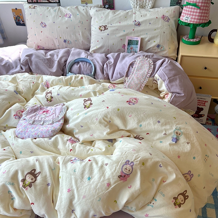 91家纺网 家纺一手货源 找家纺 原素 2025学生季专属双拼印花水洗棉双层纱四件套 啦啦咘咘