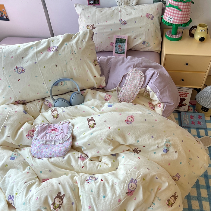 91家纺网 家纺一手货源 找家纺 原素 2025学生季专属双拼印花水洗棉双层纱四件套 啦啦咘咘