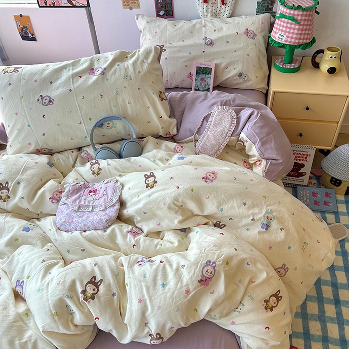 91家纺网 家纺一手货源 找家纺 原素 2025学生季专属双拼印花水洗棉双层纱四件套 啦啦咘咘