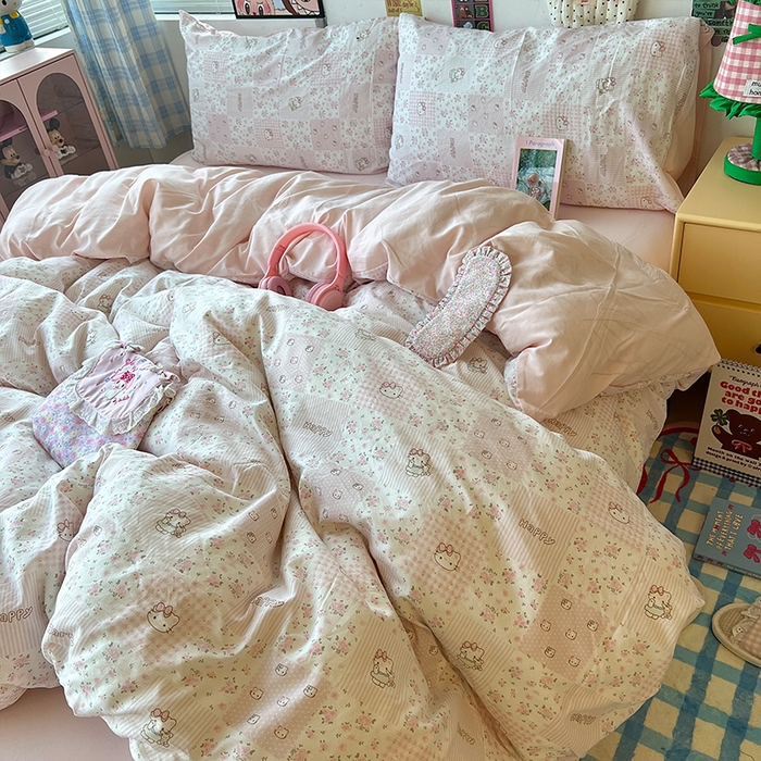 91家纺网 家纺一手货源 找家纺 原素 2025学生季专属双拼印花水洗棉双层纱四件套 碎花kt酱