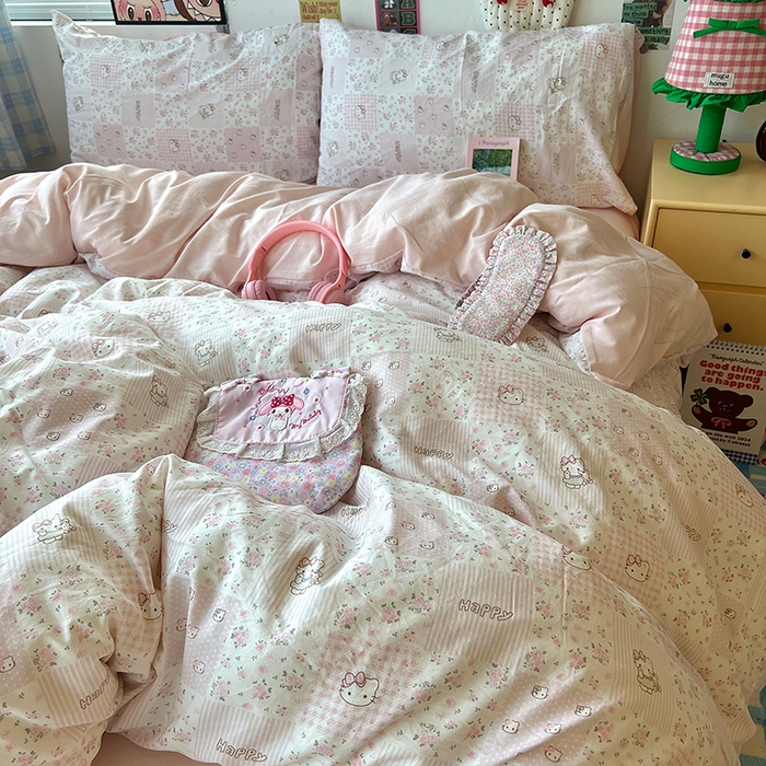 91家纺网 家纺一手货源 找家纺 原素 2025学生季专属双拼印花水洗棉双层纱四件套 碎花kt酱