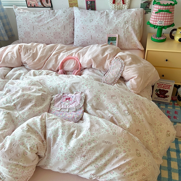 91家纺网 家纺一手货源 找家纺 原素 2025学生季专属双拼印花水洗棉双层纱四件套 碎花kt酱