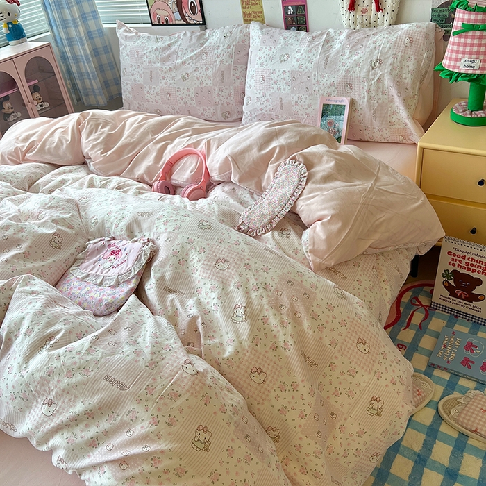 91家纺网 家纺一手货源 找家纺 原素 2025学生季专属双拼印花水洗棉双层纱四件套 碎花kt酱