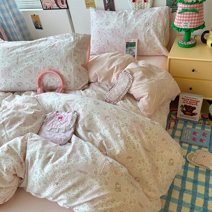 91家纺网 家纺一手货源 找家纺 原素 2025学生季专属双拼印花水洗棉双层纱四件套 碎花kt酱