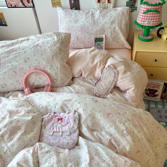 91家纺网 家纺一手货源 找家纺 原素 2025学生季专属双拼印花水洗棉双层纱四件套 碎花kt酱