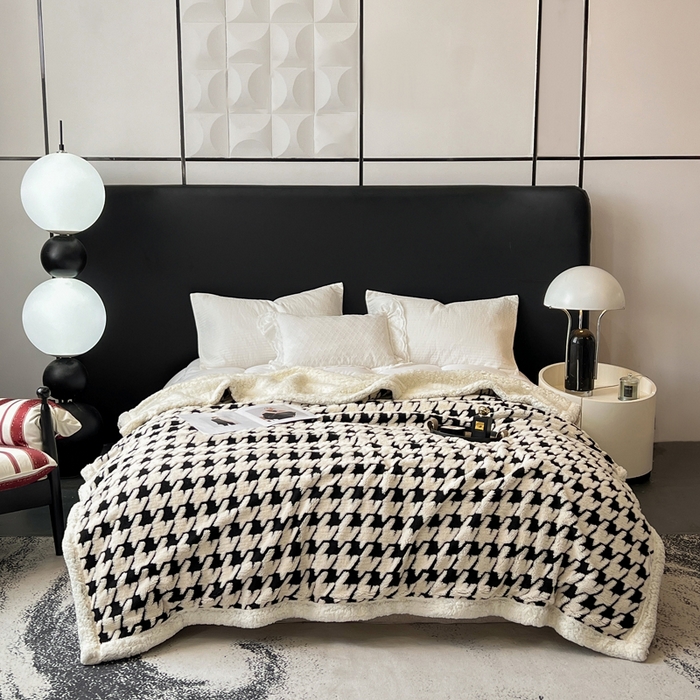 美洲琳 2025新款羊羔绒复合简约现代休闲毯 千鸟格