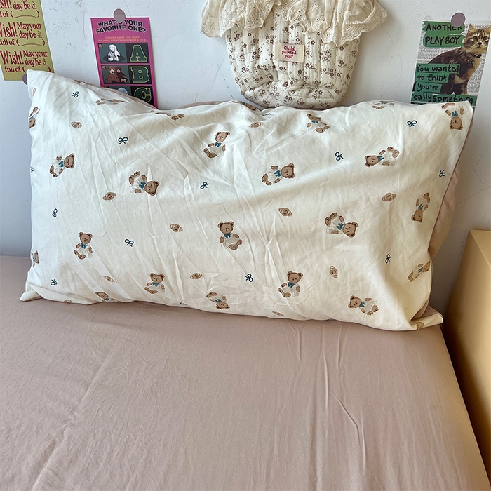 91家纺网 家纺一手货源 找家纺 原素 2025学生季专属双拼印花水洗棉双层纱四件套 奶茶熊