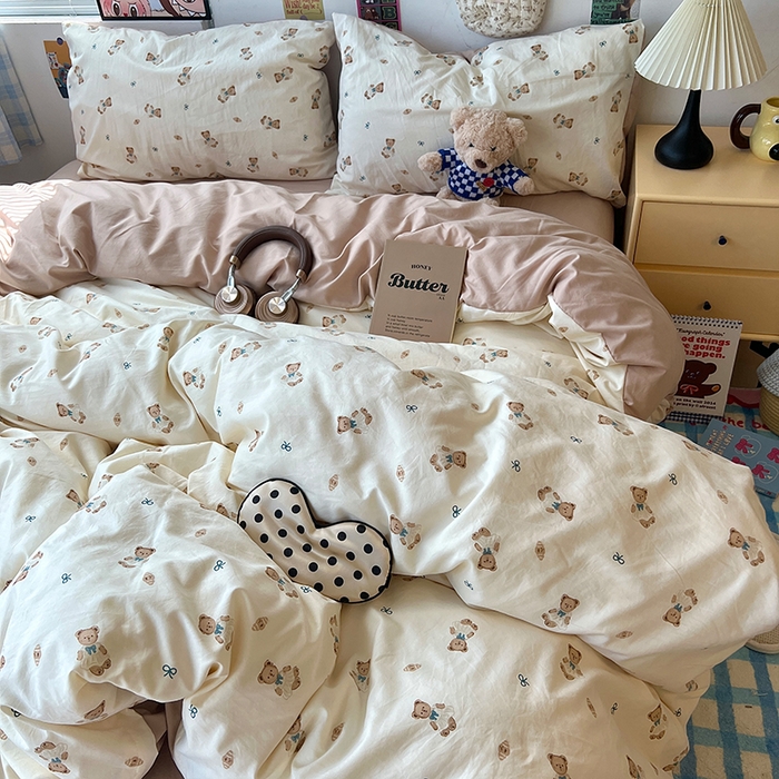 91家纺网 家纺一手货源 找家纺 原素 2025学生季专属双拼印花水洗棉双层纱四件套 奶茶熊