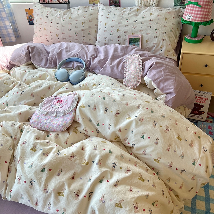 原素 2025学生季专属双拼印花水洗棉双层纱四件套 排排兔