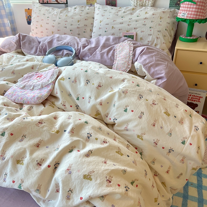 91家纺网 家纺一手货源 找家纺 原素 2025学生季专属双拼印花水洗棉双层纱四件套 排排兔