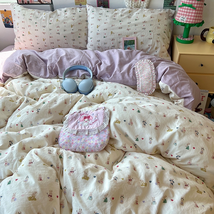 91家纺网 家纺一手货源 找家纺 原素 2025学生季专属双拼印花水洗棉双层纱四件套 排排兔