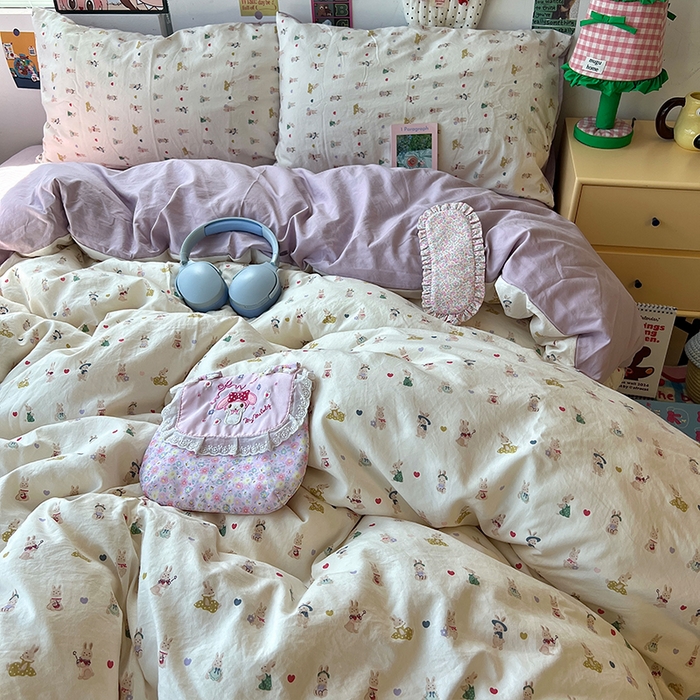 91家纺网 家纺一手货源 找家纺 原素 2025学生季专属双拼印花水洗棉双层纱四件套 排排兔