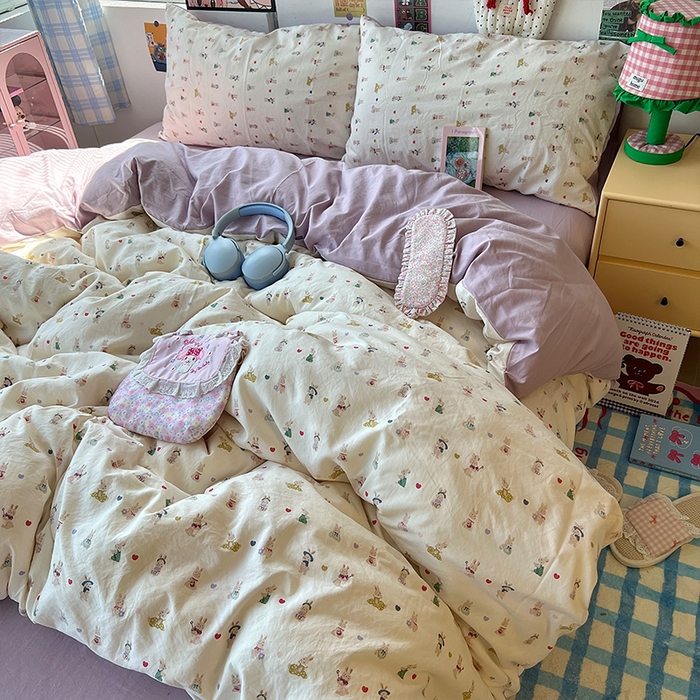 91家纺网 家纺一手货源 找家纺 原素 2025学生季专属双拼印花水洗棉双层纱四件套 排排兔