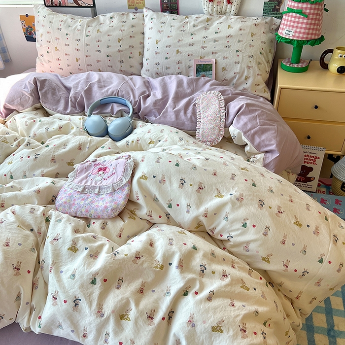 91家纺网 家纺一手货源 找家纺 原素 2025学生季专属双拼印花水洗棉双层纱四件套 排排兔