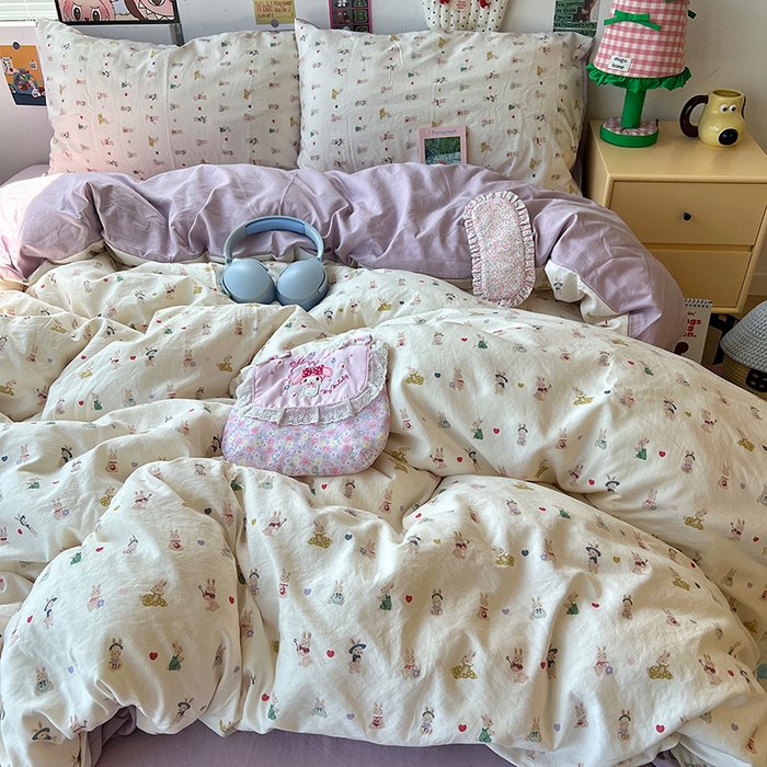 91家纺网 家纺一手货源 找家纺 原素 2025学生季专属双拼印花水洗棉双层纱四件套 排排兔