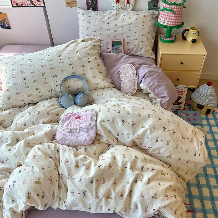 91家纺网 家纺一手货源 找家纺 原素 2025学生季专属双拼印花水洗棉双层纱四件套 排排兔