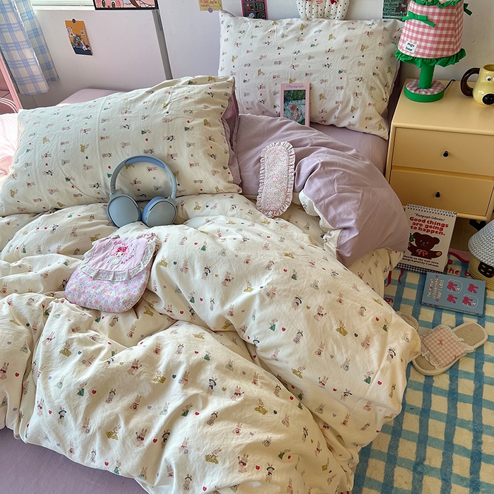 91家纺网 家纺一手货源 找家纺 原素 2025学生季专属双拼印花水洗棉双层纱四件套 排排兔