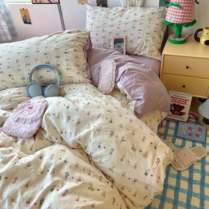 91家纺网 家纺一手货源 找家纺 原素 2025学生季专属双拼印花水洗棉双层纱四件套 排排兔