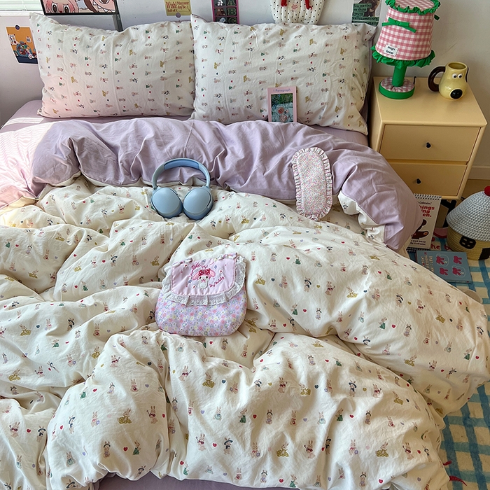 91家纺网 家纺一手货源 找家纺 原素 2025学生季专属双拼印花水洗棉双层纱四件套 排排兔