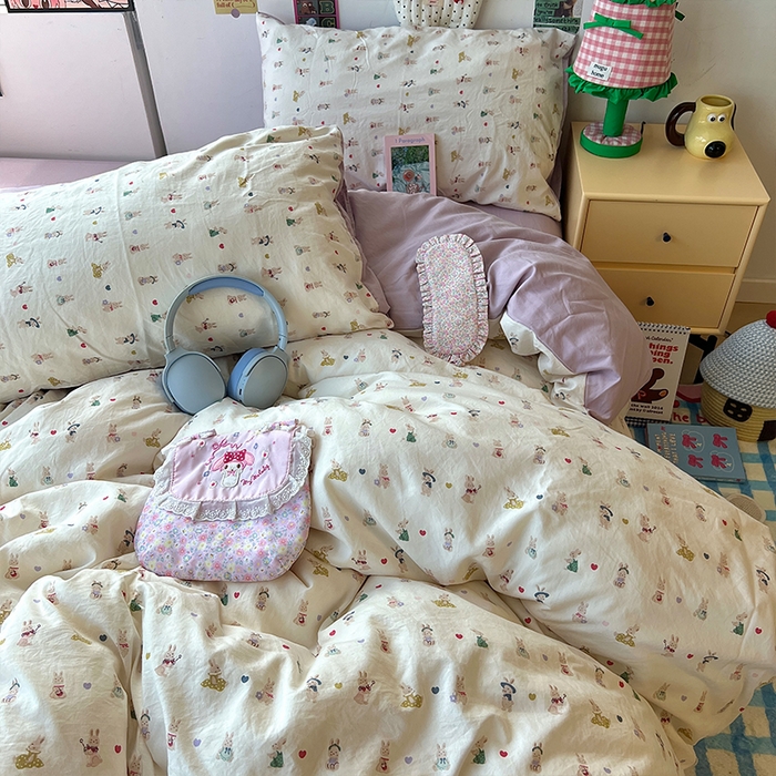 91家纺网 家纺一手货源 找家纺 原素 2025学生季专属双拼印花水洗棉双层纱四件套 排排兔