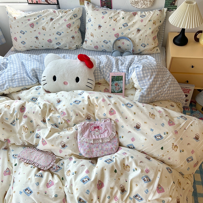 91家纺网 家纺一手货源 找家纺 原素 2025学生季专属双拼印花水洗棉双层纱四件套 沙发喵喵