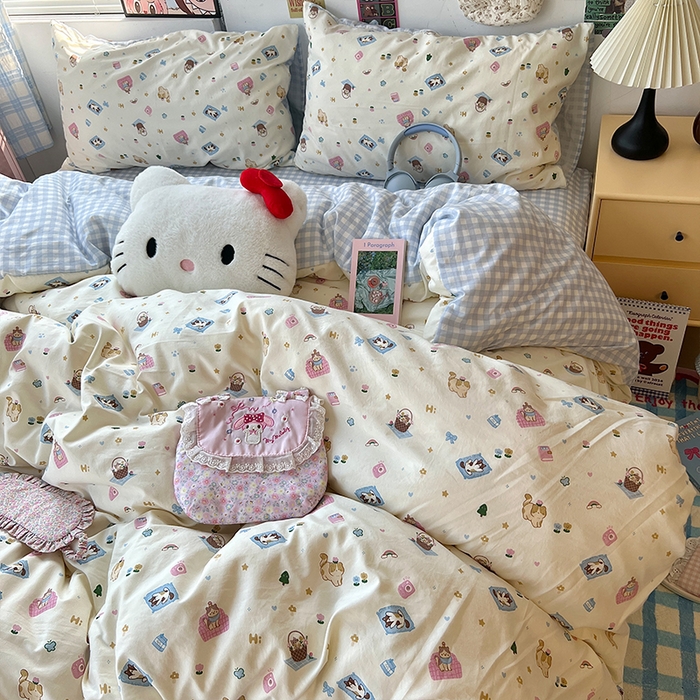 91家纺网 家纺一手货源 找家纺 原素 2025学生季专属双拼印花水洗棉双层纱四件套 沙发喵喵