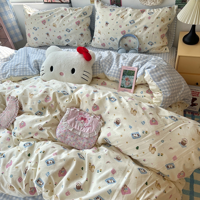 91家纺网 家纺一手货源 找家纺 原素 2025学生季专属双拼印花水洗棉双层纱四件套 沙发喵喵