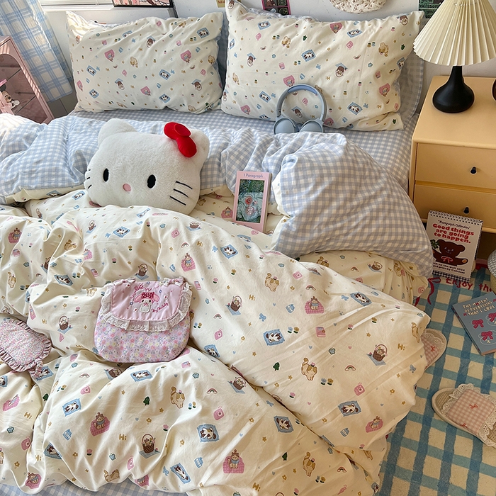 91家纺网 家纺一手货源 找家纺 原素 2025学生季专属双拼印花水洗棉双层纱四件套 沙发喵喵