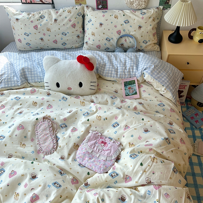 91家纺网 家纺一手货源 找家纺 原素 2025学生季专属双拼印花水洗棉双层纱四件套 沙发喵喵