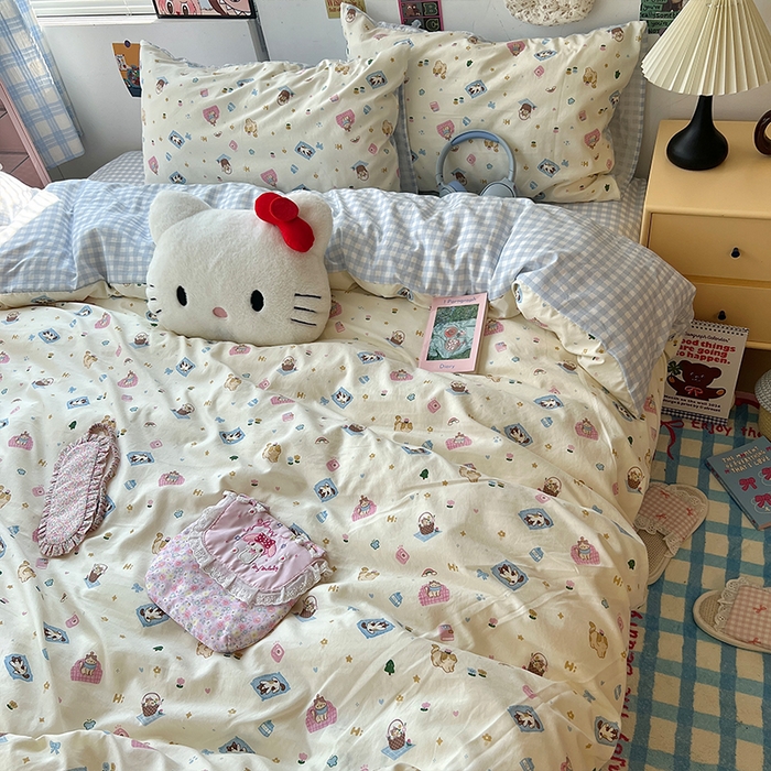 91家纺网 家纺一手货源 找家纺 原素 2025学生季专属双拼印花水洗棉双层纱四件套 沙发喵喵