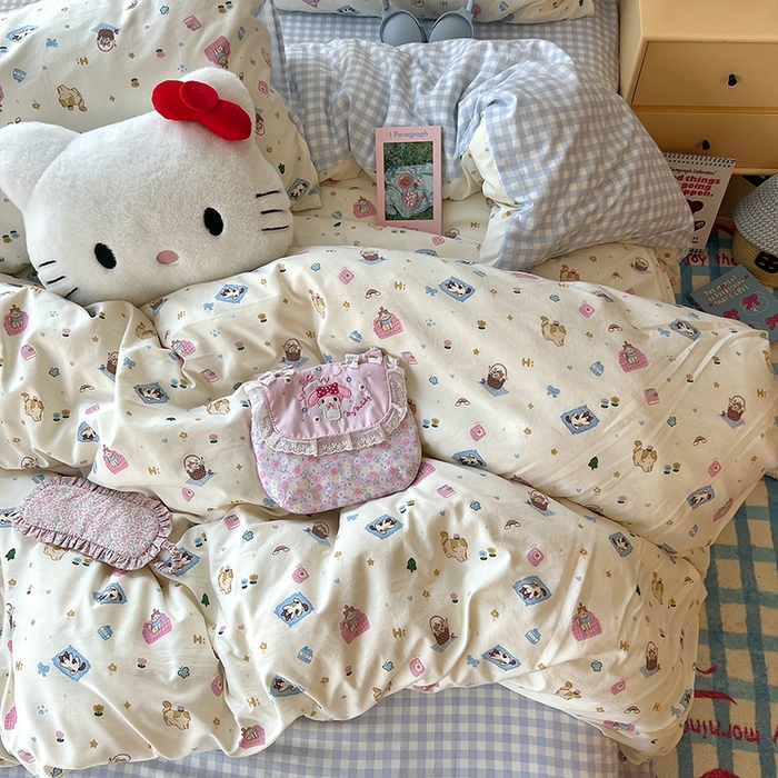 91家纺网 家纺一手货源 找家纺 原素 2025学生季专属双拼印花水洗棉双层纱四件套 沙发喵喵