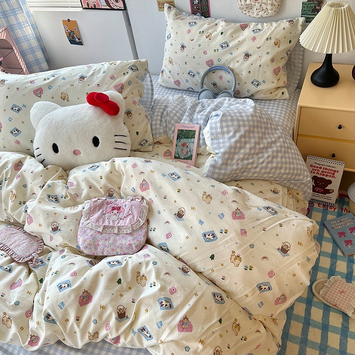 91家纺网 家纺一手货源 找家纺 原素 2025学生季专属双拼印花水洗棉双层纱四件套 沙发喵喵