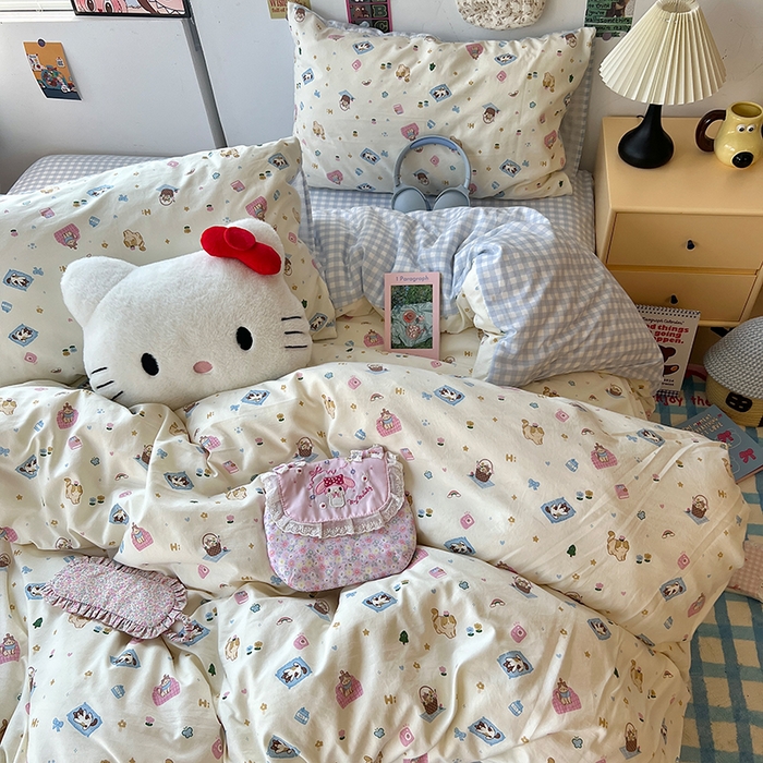 91家纺网 家纺一手货源 找家纺 原素 2025学生季专属双拼印花水洗棉双层纱四件套 沙发喵喵