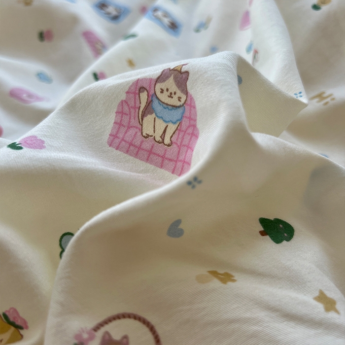 91家纺网 家纺一手货源 找家纺 原素 2025学生季专属双拼印花水洗棉双层纱四件套 沙发喵喵