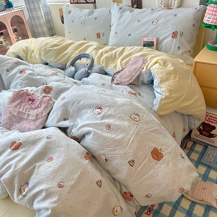 91家纺网 家纺一手货源 找家纺 原素 2025学生季专属双拼印花水洗棉双层纱四件套 糖糖米兜