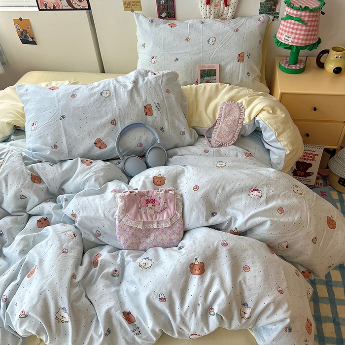 91家纺网 家纺一手货源 找家纺 原素 2025学生季专属双拼印花水洗棉双层纱四件套 糖糖米兜