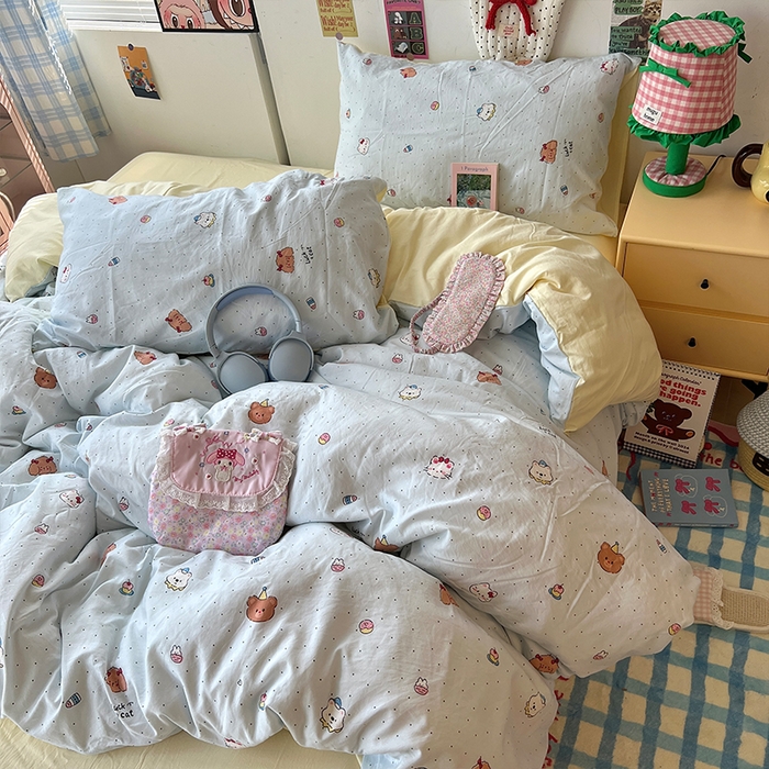 91家纺网 家纺一手货源 找家纺 原素 2025学生季专属双拼印花水洗棉双层纱四件套 糖糖米兜