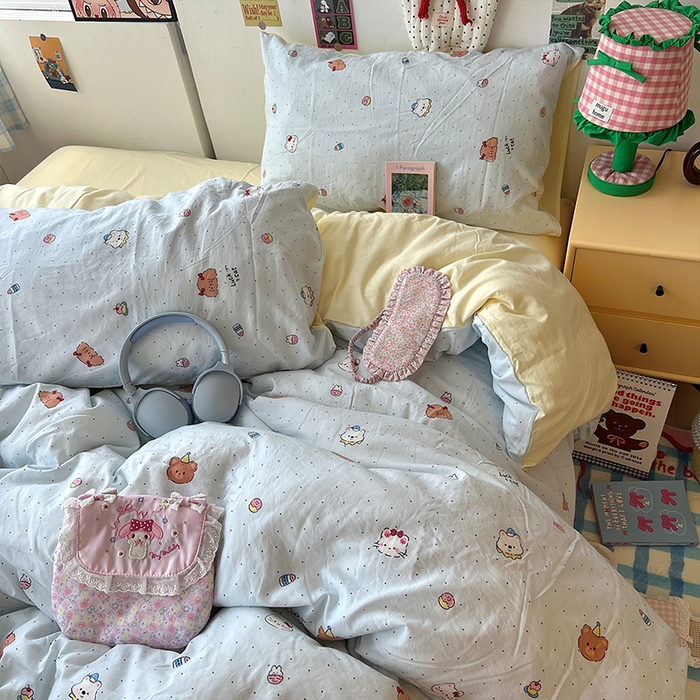 91家纺网 家纺一手货源 找家纺 原素 2025学生季专属双拼印花水洗棉双层纱四件套 糖糖米兜