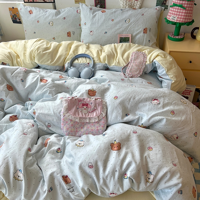 91家纺网 家纺一手货源 找家纺 原素 2025学生季专属双拼印花水洗棉双层纱四件套 糖糖米兜