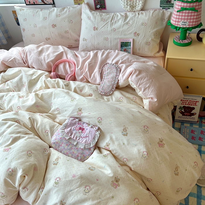 原素 2025学生季专属双拼印花水洗棉双层纱四件套 豆豆米乐