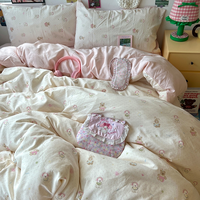 91家纺网 家纺一手货源 找家纺 原素 2025学生季专属双拼印花水洗棉双层纱四件套 豆豆米乐