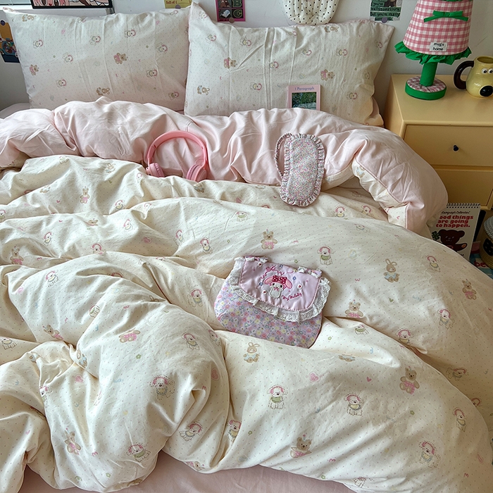 91家纺网 家纺一手货源 找家纺 原素 2025学生季专属双拼印花水洗棉双层纱四件套 豆豆米乐