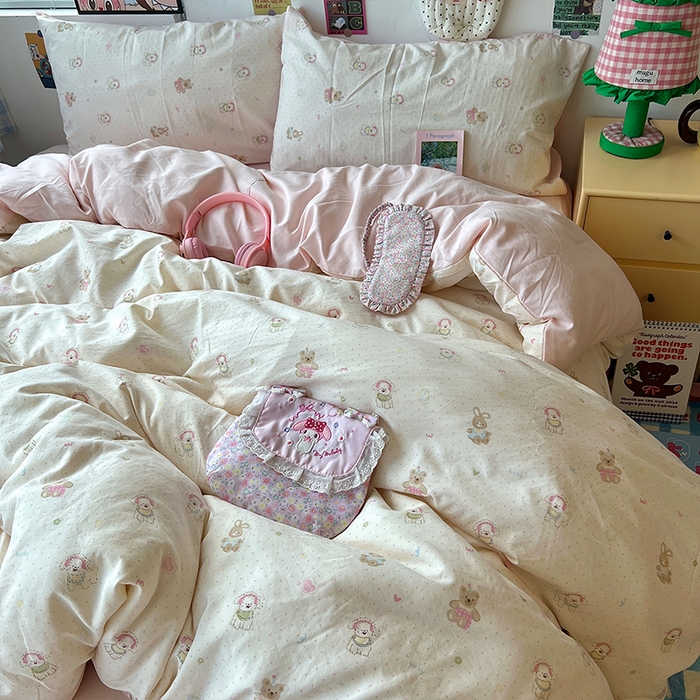 91家纺网 家纺一手货源 找家纺 原素 2025学生季专属双拼印花水洗棉双层纱四件套 豆豆米乐