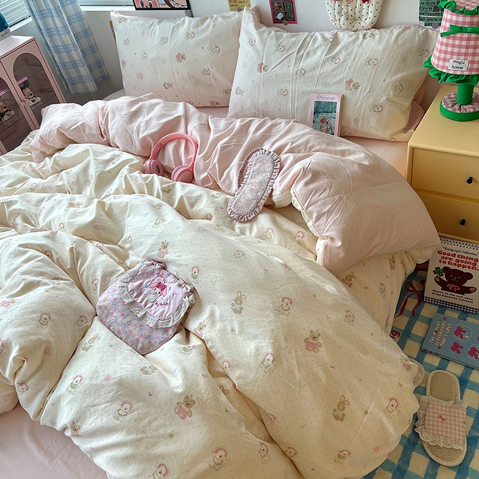 91家纺网 家纺一手货源 找家纺 原素 2025学生季专属双拼印花水洗棉双层纱四件套 豆豆米乐