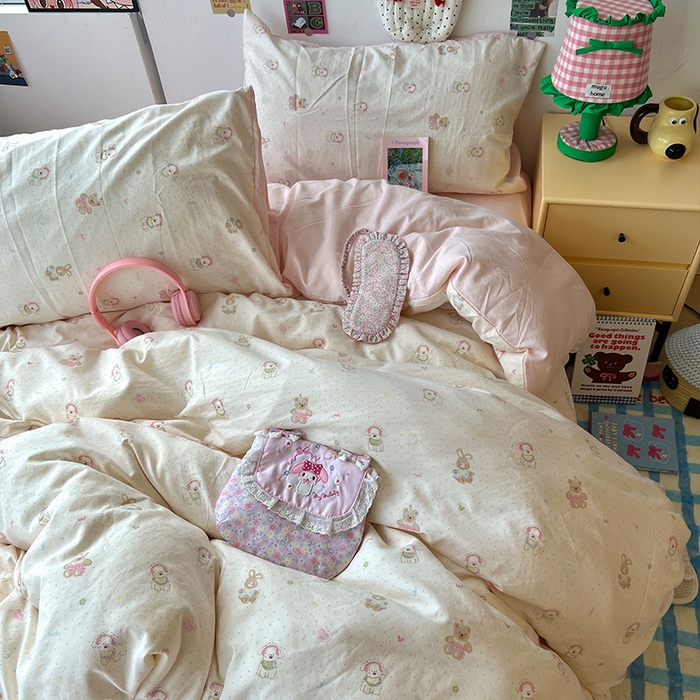 91家纺网 家纺一手货源 找家纺 原素 2025学生季专属双拼印花水洗棉双层纱四件套 豆豆米乐