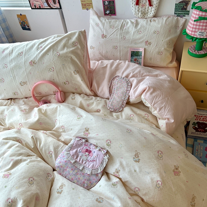 91家纺网 家纺一手货源 找家纺 原素 2025学生季专属双拼印花水洗棉双层纱四件套 豆豆米乐