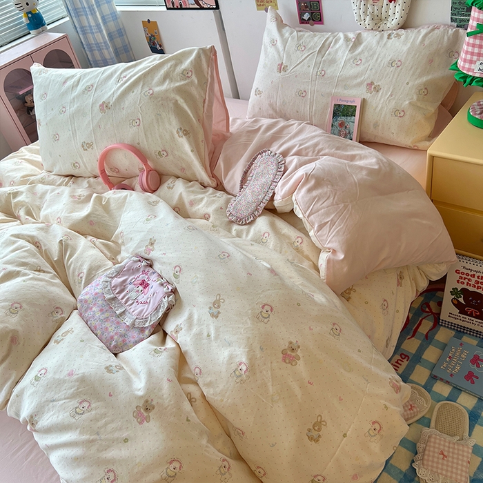 91家纺网 家纺一手货源 找家纺 原素 2025学生季专属双拼印花水洗棉双层纱四件套 豆豆米乐